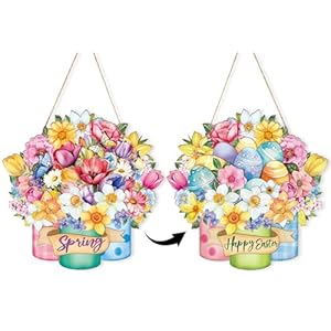 Easter Decoration Wood Spring Decoration Door Wall Signs Double sided Printing Mason Jar Wooden Wreaths Front Door Sign Egg Flower Ornaments Hanging Crafts for Spring Home Farmhouse Party Porch Wall D