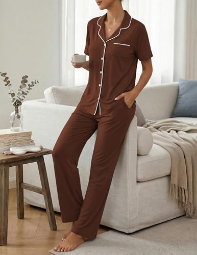 Image of ZMJ Womens Pajamas Sets 2 Piece Button Up Pj Sets Short Sleeve with Long Pant