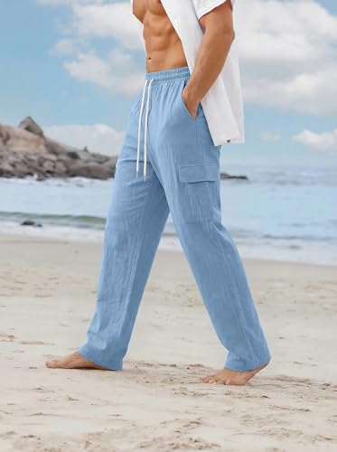 Image of Men's Linen Pants Casual Cargo Pants with Pockets Lightweight Elastic Waist Drawstring Pants Baggy Beach Pants
