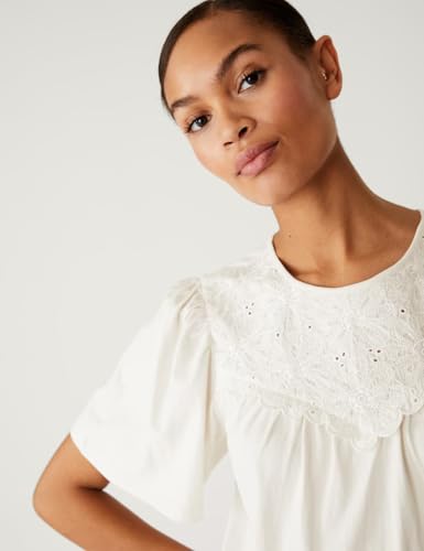 Image of Marks & Spencer Womens Embroidery Cotton Round Neck Regular Fit Short Sleeve Top