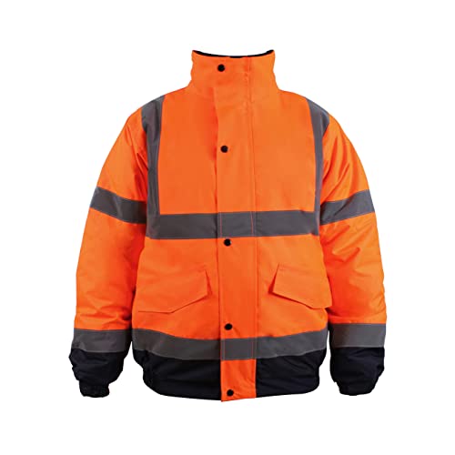 Blackrock Orange/Navy Hi Vis Waterproof Bomber Jacket Men's and Women's, Reflective High Vis Jackets, High Viz Visibility Warm Safety Security Work Wear, Taped Seams & Fleece Lined Collar - Size 2XL
