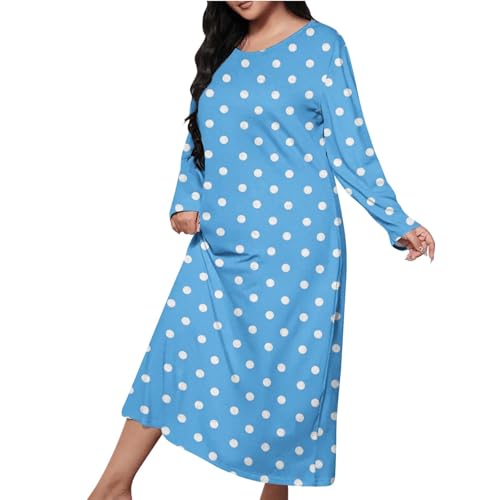 Womens Pajamas Dresses Plus Size Fashion Polkadot Print Long Sleeves Crewenck Loose Comfy Nightgowns Nightdress Style002 Light Blue X-Large