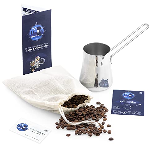 Nosy Nomad Cafetière Turque | Cezve Arabe Grec Ibrik Briki | Design Moderne en Acier Inoxydable | Carafe à Café Expresso de 350ml | Café, Chocolat Chaud, Lait, Beurre, Chauffe-Huile Cover