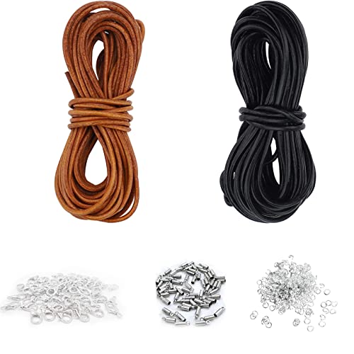 VEGCOO Collier Bracelet Corde en Cuir DIY,Corde en Cuir Noir et Marron Total 10 Mètres,Largeur 2 mm,avec Bracelet Collier Mait Main Petit Fermoir