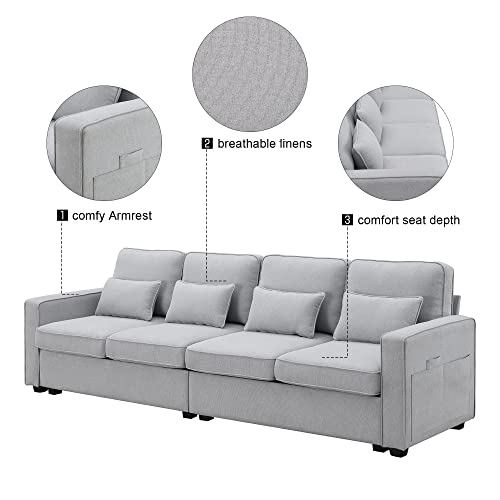 Kevinplus 104" Sectional Sofa Couch For Living Room, Modern 4-Seater Upholstered Sofa Contemporary Couch With Armrest Pockets & 4 Throw Pillows For Apartment Office, Linen Fabric, Light Grey #TOP4