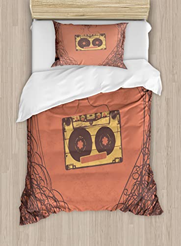 ABAKUHAUS Vintage Duvet Cover Set Twin Size, Retro Cassette Music, Decorative 2 Piece Bedding Set with 1 Pillow Sham, 170 x 220 cm - 75 x 50 cm, Orange Brown