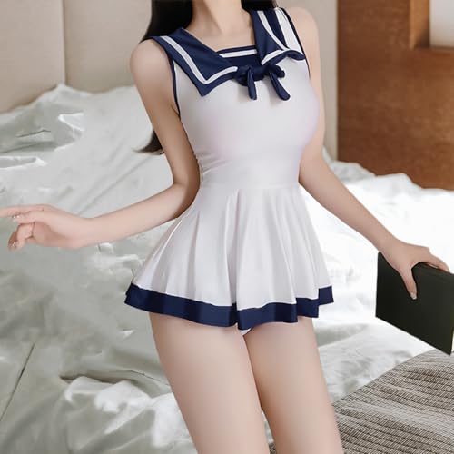 Damen Sexy Cosplay Schulmädchen Dessous Sailor Moon Kostüm Ärmellos Bodycon Elastic Kleid mit Schleifen Anime Matrosen Kostüme Kawaii College JK Anzug Sweet Falten Kleider Babydoll Nachthemd Halloween – Bild 3