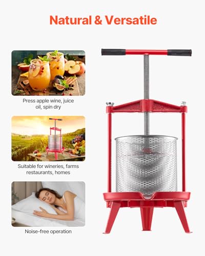 Image of VEVOR 3.69 Gal /14L Fruit Wine Press, Stainless Steel Basket with Cross-beam and Triangular Structure, Manual Juice Maker, Cider Apple Grape Tincture Making Press with T-Handle for Kitchen Home