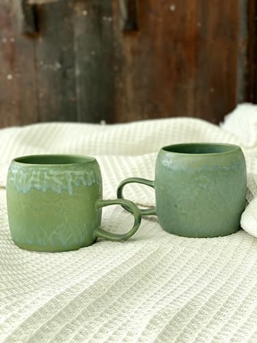 Set de 2 mugs de cerámica medianos 12 oz apilables verde miniatura 3