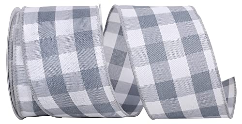Image of Grey Buffalo Plaid Wired Ribbon - 2 1 /2 inch x 10 Yards, White, Thanksgiving, Fall, Christmas Tree Ribbon, Rustic, Farmhouse, Wreath Decor, DIY, Craft Decoration, Swag