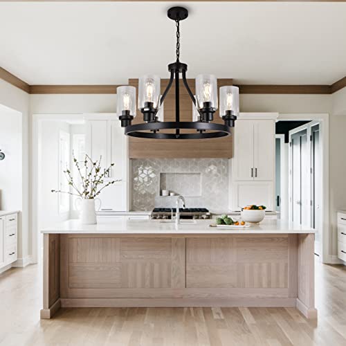 Hccz 6-Light Farmhouse Chandelier Wagon Wheel Pendant Light Fixtures For Dining Room Living Room Island Kitchen Foyer Bedroom, Modern Black Industrial Rustic Adjustable Height Metal E26 Base #TOP2