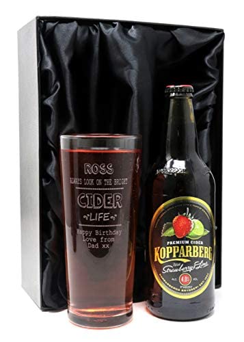 Personalised Engraved Pint Glass & Cider Gift Set - Bright Cider Life Design (Kopparberg Strawberry & Lime Cider, Silk Lined Gift Box)