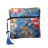 LTYKNGH Bolsa Organizadora De Joyas Monedero de tela con bordado flores y borlas cobre colgante for guardar dinero, maquillaje, lápiz labial joyas(Color 01)