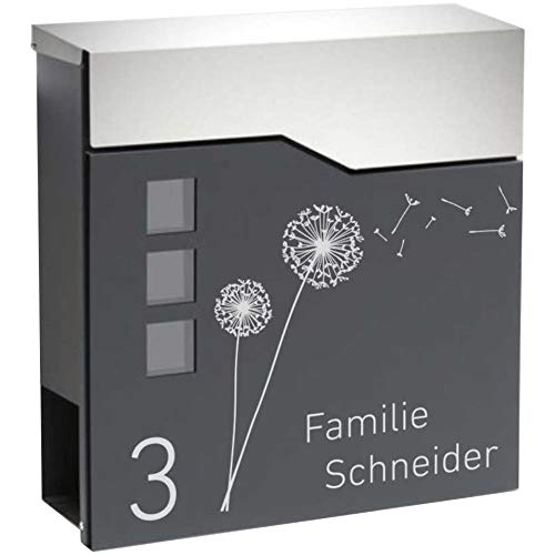 Zalafino Briefkasten mit Name und Hausnummer in anthrazit – individualisierbarer Design-Briefkasten aus pulverbeschichtetem Stahl mit Zeitungsrolle, Briefschlitz und Sichtfeldern, Model Vertigo