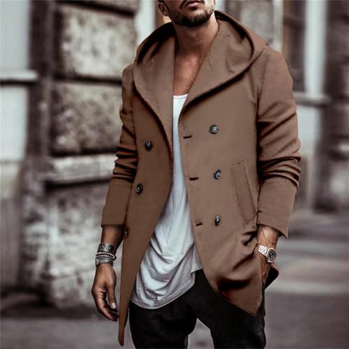Thatrich Men's Hooded Peacoat Mid Length Trench Coat Oversized Hoodie Jacket Double Breasted Suit Casual Windbreaker Outwear3
