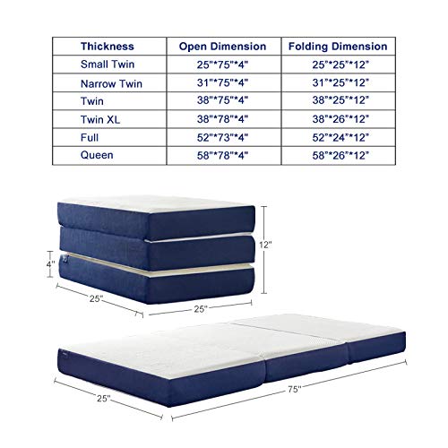 JINGWEI Narrow Twin Size Folding Mattress, Trifold Memory Foam