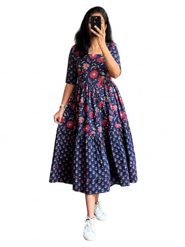 Image of Women's Pure Cotton Maxi Midi Dress Western Dress for Women Elegant Floral Printed Long Dresses | Soft & Breathable Fabric | Casual Trending Dress