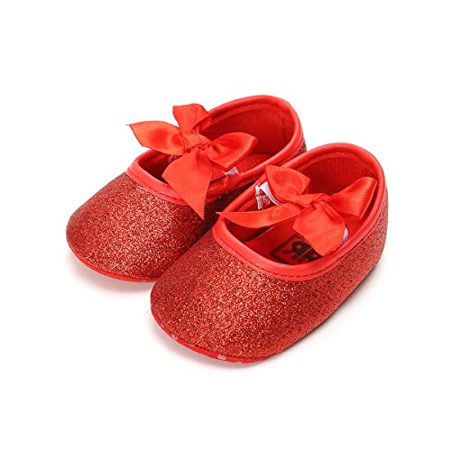 Baby Girls Mary Jane Flats Glitter Bowknot Princess Dress Crib Shoes Non-Slip For Toddler First Walkers (12-18 Months Toddler, Red) #TOP1