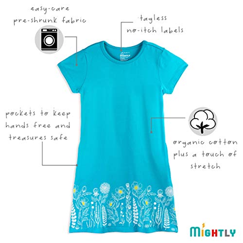 Mightly Girl's Short Sleeve T-Shirt Dress | 95% Organic Cotton, Colorful Stylish T-Shirt Dress for Toddlers and Kids, Turq Garden, 3T4