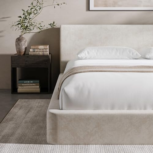 Image of RECCI AirFrame Queen Bed Frame with Ergonomic Angled Headboard, 360 Cushioned Platform Bed Frame, Low Profile Minimalist Soft-Frame Bed, No Box Spring Needed, Easy Assembly, Beige Chenille