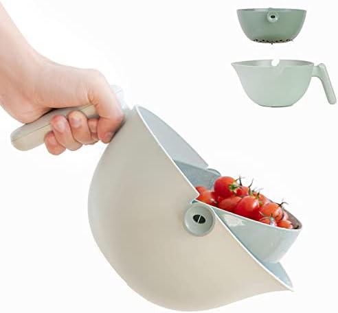 Gixemeva 2 in 1 Rotatable Kitchen Colander Strainer bowl Set,Fruit Vegetable Washer Rinser Strainer Container, Drain Basket for Food Pasta Berry Salad Mixing, Light Green