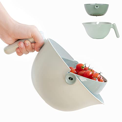 Gixemeva 2 In 1 Rotatable Kitchen Colander Strainer Bowl Set,Fruit Vegetable Washer Rinser Strainer Container, Drain Basket For Food Pasta Berry Salad Mixing, Light Green #TOP24