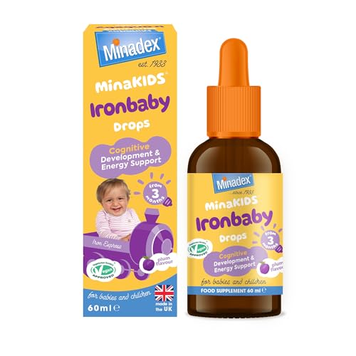 Minadex MinaKIDS Ironbaby Drops – Liquid Iron Supplement for Children, Sugar-Free, Vegan, Plum Flavour, 60ml (2-Month Supply), Supports Immune Health, Minimal Iron Aftertaste, Made in UK