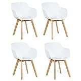 EGGREE Esszimmerstühle 4er-Set mit Beinen aus massivem Buchenholz, Retro-Design, Küchenstühle aus Holz, weiß, Wohnzimmerstuhl mit Armlehnen