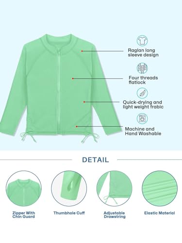 Image of BesserBay UV Protection Beach Sun Shirt Mint Green Full Zip Quick-Dry Rashguard Shirt for Big Girls 11-12 Years