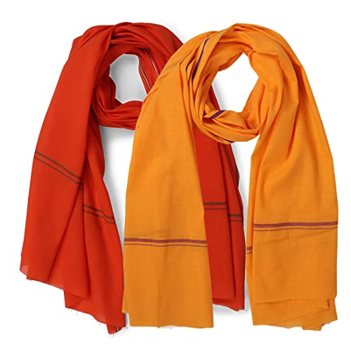 Image of Cotton Skin Friendly Summer Shrink Proof Bath Towel Pure Cotton Gamcha Soft 100% for Men and Boys All Purpose Living Handloom (Mustard-Orange Pack of 2)