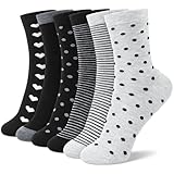 6 Pairs Cotton Crew Socks for Women, Breathable Novelty Funny Striped Dot Casual Cute Calf Socks Size 6-12