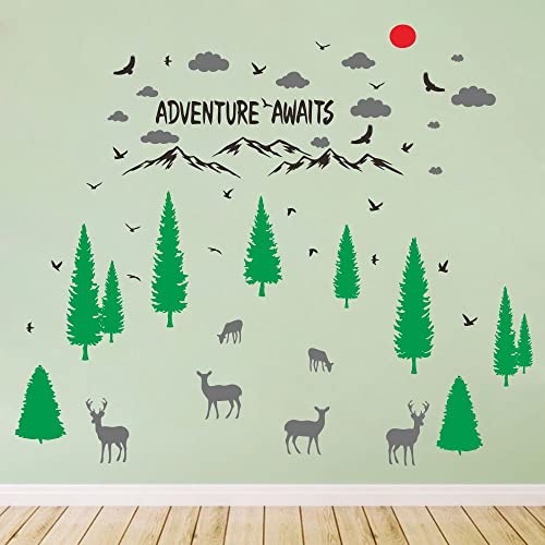 Anfrjji Green Woodland Nursery Wall Decal - Removable Pvc Sticker With Pine Tree, Deer, Flying Goose, Jungle Mountain, Cloud And Red Sun - Adventure Awaits Wall Decor For Baby Room - Effect33"X39" (Black-Jwh207 -Sun) #TOP2