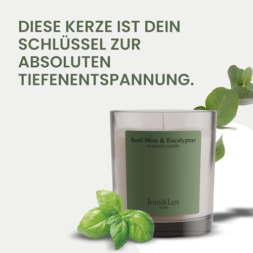 Jean & Len Scented Candle Basil Mint & Eucalyptus, hergestellt mit Sheabutter, Brenndauer ca. 40 Stunden, minimalistisches Design, erfrischender Duft, vegan, 195 g