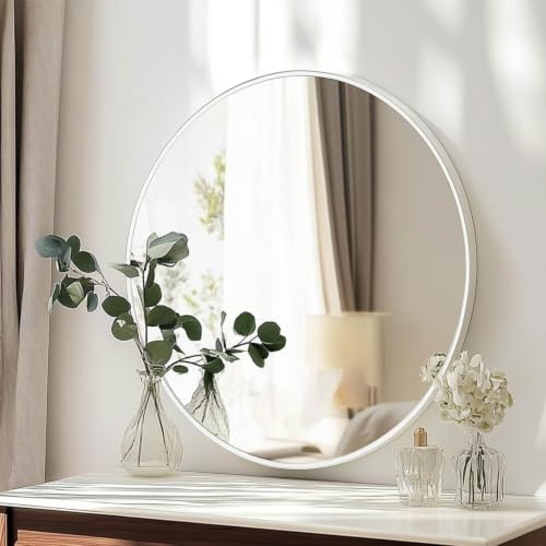 Image of Oruii Large Round Mirror, 28 inch White Circle Mirror, White Metal Frame | High Definition,Waterproof,Rust-resistant,Round Mounted Mirrors for Bathroom,Living Room,Bedroom,Hallyway,Vanity,Wall Decor
