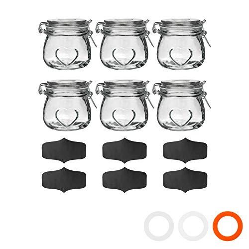 Nicola Spring Heart Shaped Glass Storage Jar with Airtight Clip Lid & Chalkboard Labels - 500ml - 6 Pack - 4 Colour Seals - Vintage Preserving Container for Pickling, Chutney, Jam, Coffee, Oats
