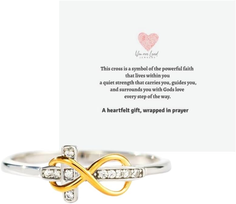 Infinity Cross Ring for Women | Adjustable Sterling Silver Two Toned Faith Ring with 18K Gold Plating & Cubic Zirconia | Christian Jewelry Gift for Woman | Baptism or Confirmation Gift | You Are Loved Jewelry