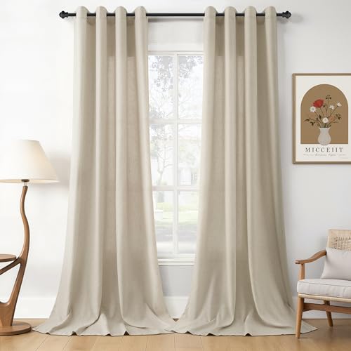 Image of Eggshell Beige Linen Curtains 108 Inches Long for Living Room Floor to Ceiling Semi Sheer Grommet Window Curtain Extra Long Modern Farmhouse Neutral Sheer Drapes for Dining Room 52x108, 2 Panel