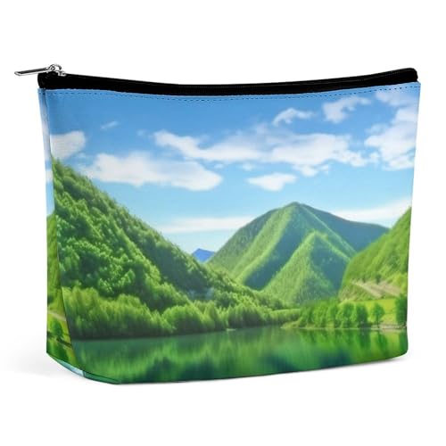 Bolsa de maquillaje, bolsa de viaje para cosméticos, bolsa de aseo portátil con diseño de colinas verdes y agua, bolsa de gran capacidad con cremallera, estuche organizador de maquillaje, bolsa de ase