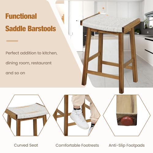 Conjunto de 4 butacos de taburete con asiento tejido de algas marinas, altura de barra de 25,5 pulgadas, estructura de madera de caucho y acacia, reposapiés, para isla de cocina y comedor, color natural miniatura 7