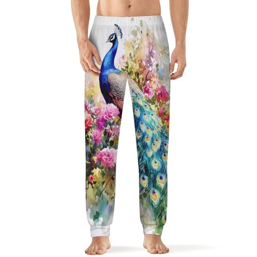 Peacock with Spring Flowers Men's Pajama Pants Lounge Pant Sleepwear PJ Bottoms