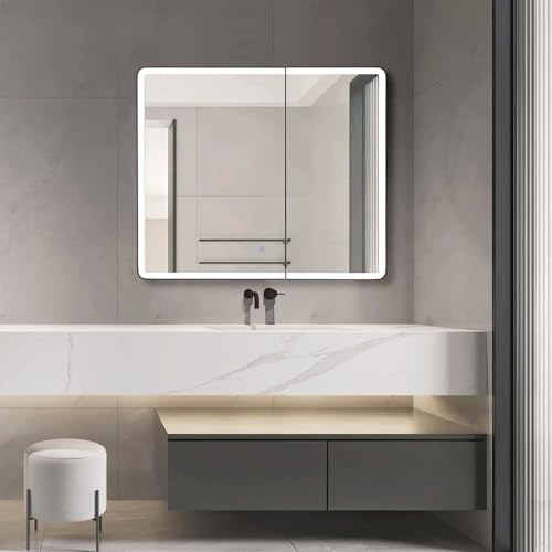 Lighted Bathroom Medicine Cabinet with Round Corner Framed Mirror Door 30 x 25.6 inch, Recessed or Surface Mount, with Adjustable Glass Shelves - Image 3