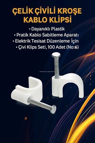 Proalet Hiva Çelik Çivili Kroşe, Kablo Klipsi, Dayanıklı, Plastik, Beyaz, Pratik, Kablo Sabitleme Aparatı, Elektrik, Tesisat Düzenleme İçin, Çivi Klips Seti, 100 Adet (No:6) - Görsel 2