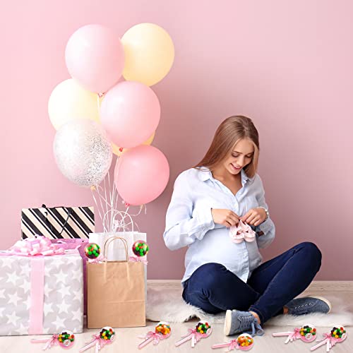 30 Pcs Rattle Party Favors Shower Bottles with Bow Crystal Bear Pacifier Ornament Pink Fillable Rattle Plastic Candy Bottle and 56 Thank You Label Stickers for Birthday Gift Decoration