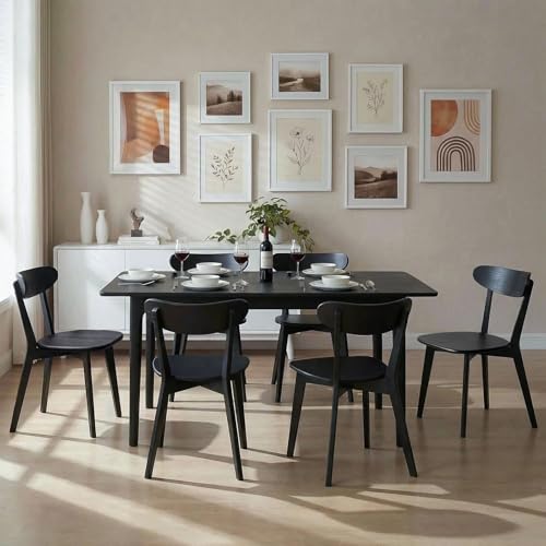 Image of 100% Solid Wood Dining Chairs,Mid Century Modern Dining Chairs with Rounded Backrest,Kitchen,Dining Room Chairs Set of 1 /2 /4 (4, Black Color)