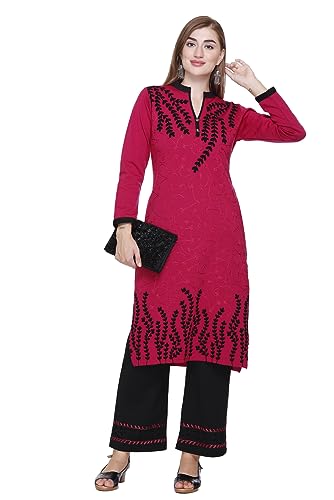Image of Rosary Women's Woolen Winter Embroidered Kurta with Palazzo | Warm Ethnic Suit Set - 2 Piece Outfit