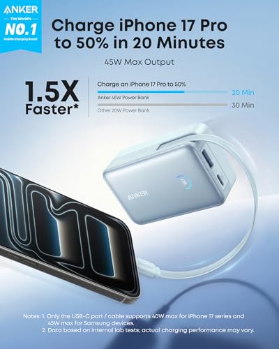 Image of Anker Nano Power Bank, 45W 10,000mAh Portable Charger, iPhone Battery Pack | Built-In Retractable USB-C Cable, for iPhone 17 / 16 Series, iPad, Galaxy, Pixel, and More, Compact Travel Design