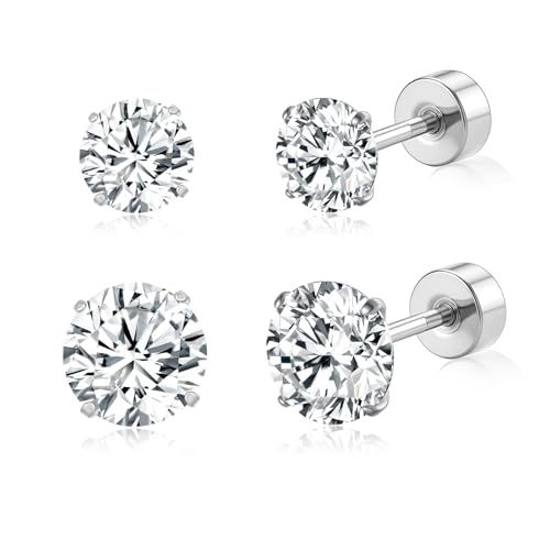 HYGCSP 20G G23 Implant Grade Titanium Flat Back Stud Earrings for Women Men, Gold/White Gold Plated Tragus Labret Cartilage Helix F136 Piercing Jewelry for Sensitive Ears, with 4-6mm Cubic Zirconia