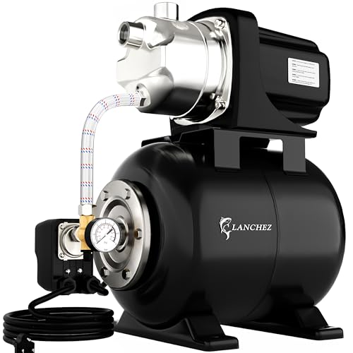 LANCHEZ 1.6HP Shallow Well Pump with Pressure Tank, 1340GPH Automatic Irrigation Water Booster Jet Pump, 115V Stainless Steel Water Transfer Pump for Home Garden Lawn Sprinkler Irrigation