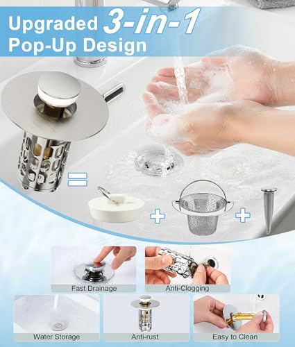 Image of QYHNYJF Upgraded Bathroom Sink Stopper with Hair Catcher - Universal Pop-Up Drain Plug, Stainless Steel & Silicone Seal for 1.1-1.5 Inch Drains,Brushed Nickel Finish (Brushed Nickel)