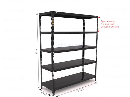 Image of Heavy Duty Slotted Angle Rack 5 Shelf | 9x35x36 Inch Metal Storage Rack | 24 Gauge Shelf 18 Gauge Angle | Adjustable Shelving Unit for Home Kitchen Garage Office Warehouse | Black Powder Coated